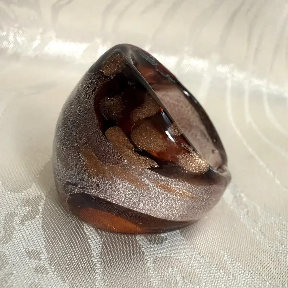 Artisan Lampwork Style Art Glass Dome Ring Sz 6.25 Luminous Brown Silver Copper